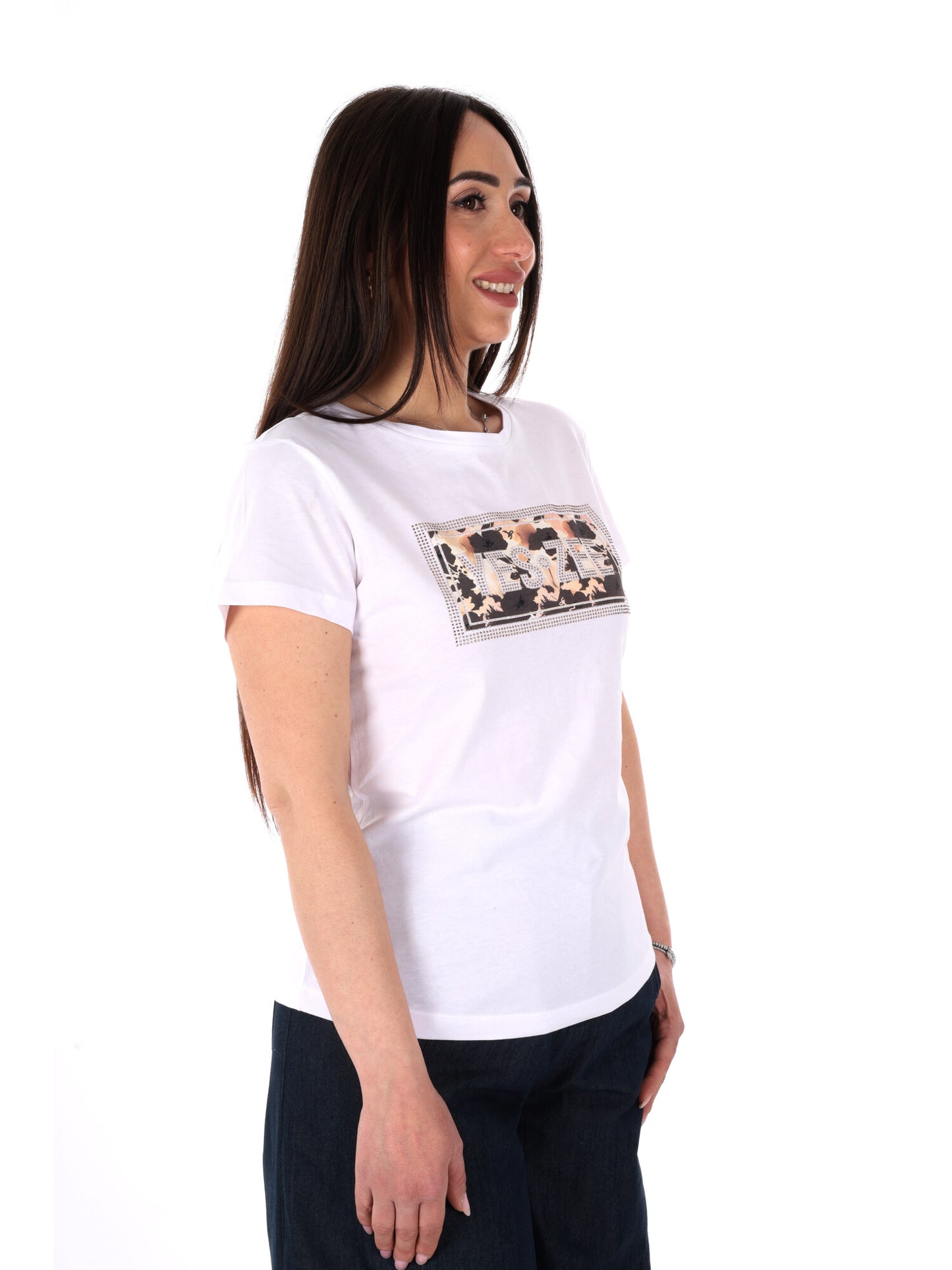 Yes-Zee T-shirt donna a maniche corte bianca con applicazioni