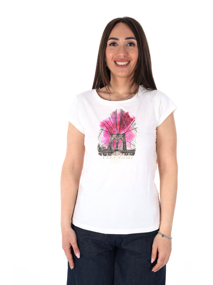T-shirt Yes-Zee donna in cotone bianca con logo e borchie dorate