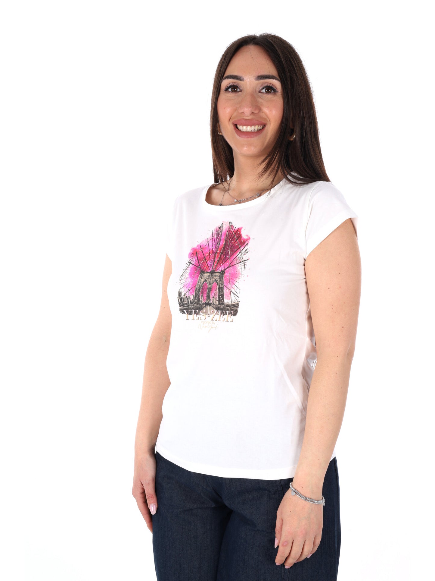 T-shirt Yes-Zee donna in cotone bianca con logo e borchie dorate