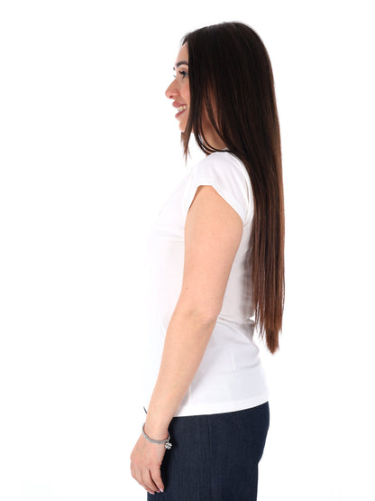 T-shirt Yes-Zee donna in cotone bianca con logo e borchie dorate