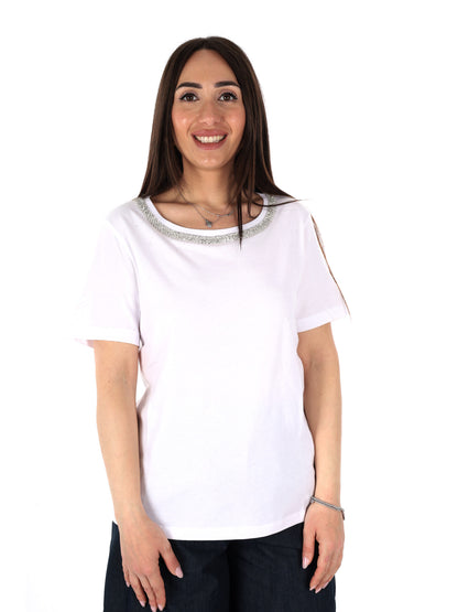 T-shirt Yes-Zee donna in cotone bianca con dettaglio gioiello