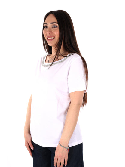 T-shirt Yes-Zee donna in cotone bianca con dettaglio gioiello