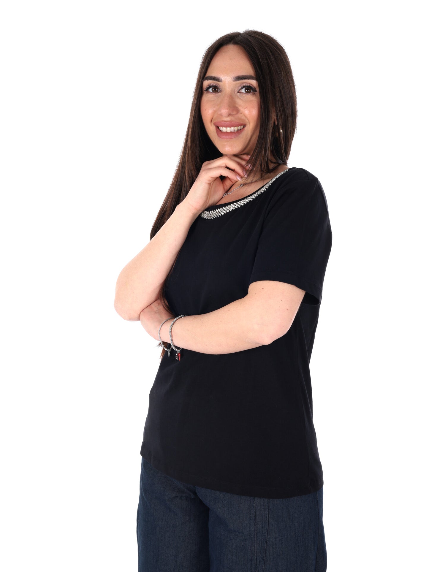 Yes-Zee t-shirt girocollo donna in cotone nera primavera estate