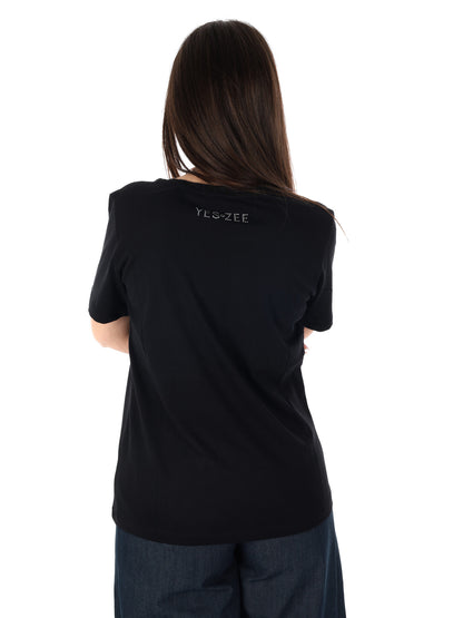 Yes-Zee t-shirt girocollo donna in cotone nera primavera estate