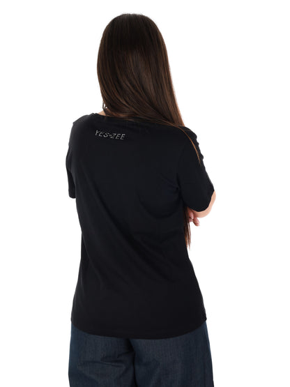 Yes-Zee t-shirt girocollo donna in cotone nera primavera estate