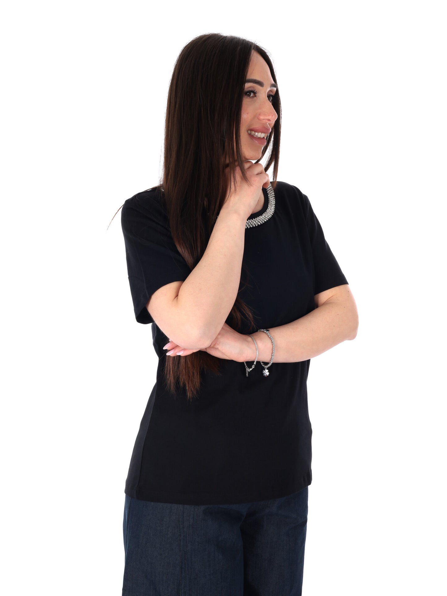 Yes-Zee t-shirt girocollo donna in cotone nera primavera estate