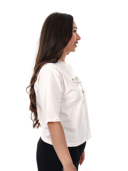 T-shirt Aurelie Boxy con logo ricamato in panna da donna