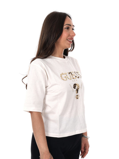 T-shirt Aurelie Boxy con logo ricamato in panna da donna