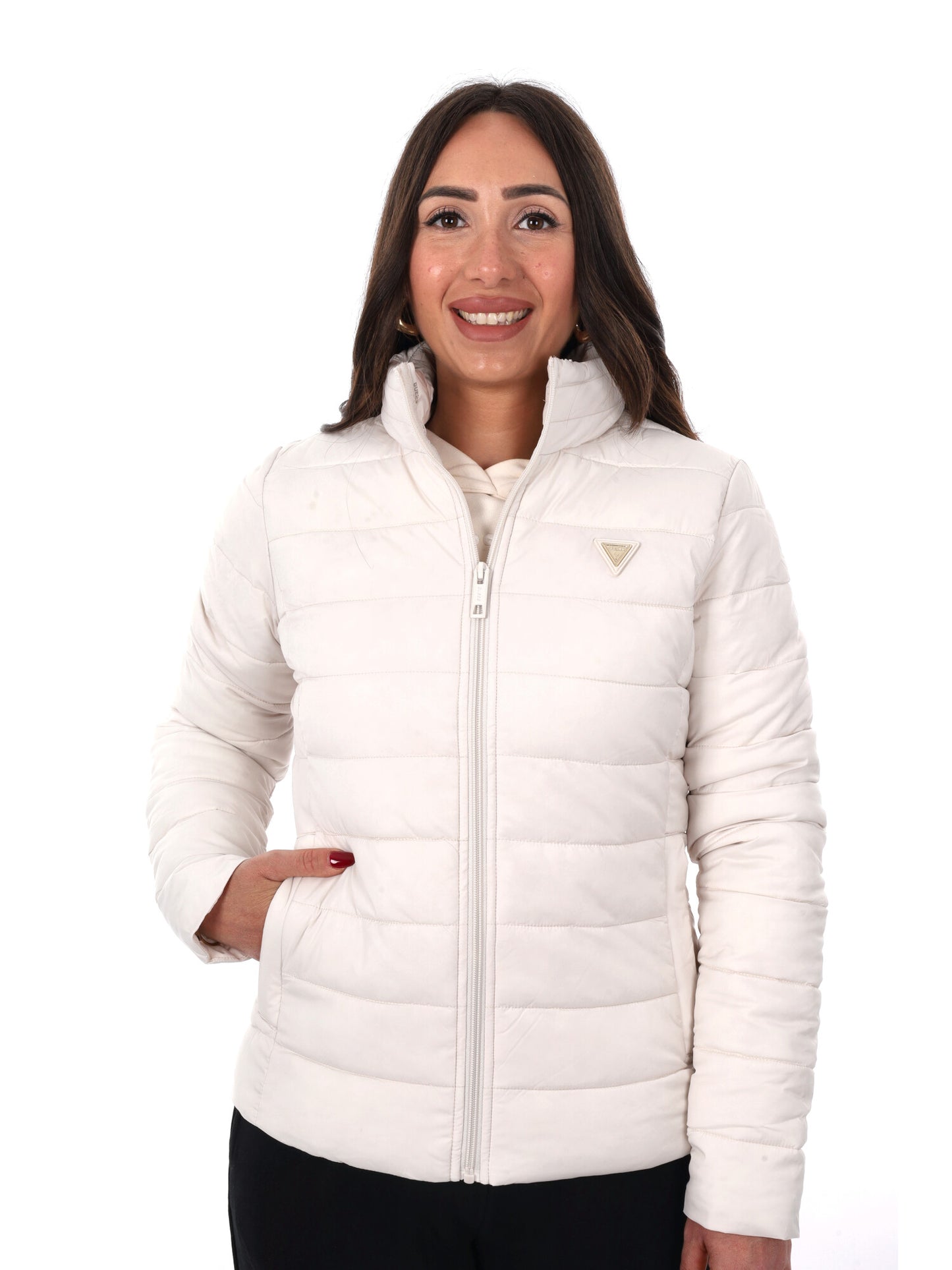 Guess Diann Puffer, giubbotto donna color crema leggero