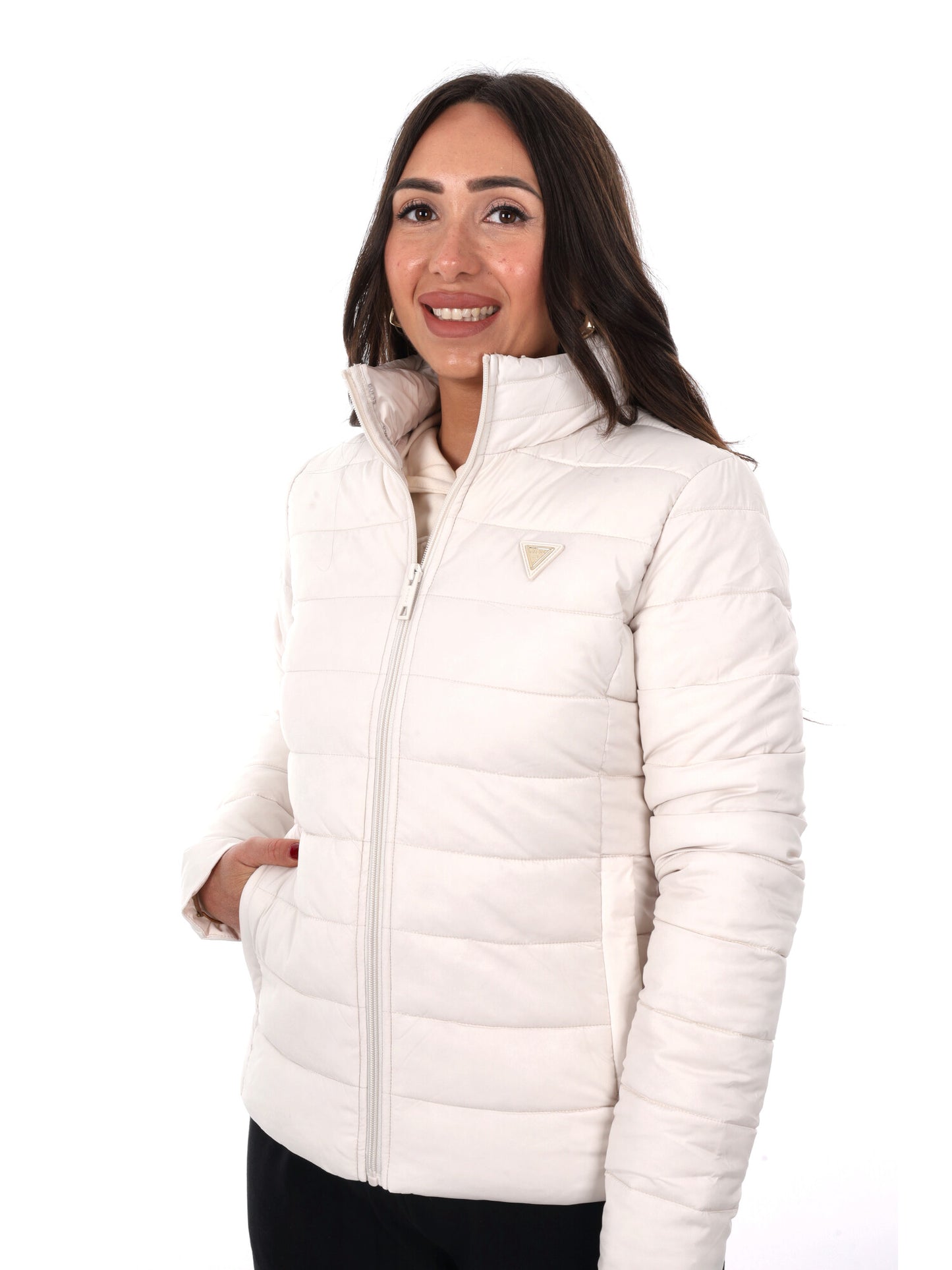 Guess Diann Puffer, giubbotto donna color crema leggero