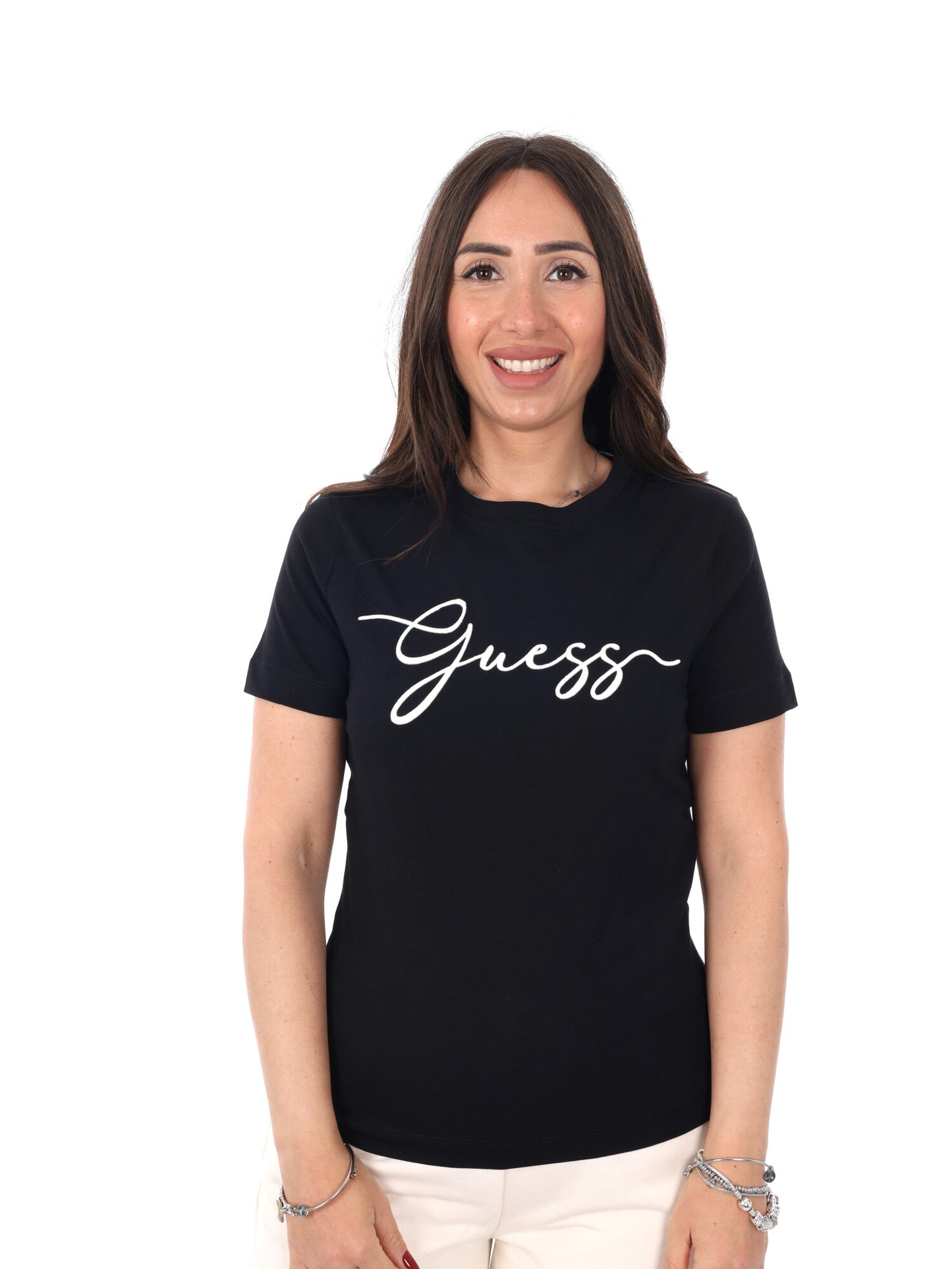 Guess Circe t-shirt slim fit da donna nera con logo frontale