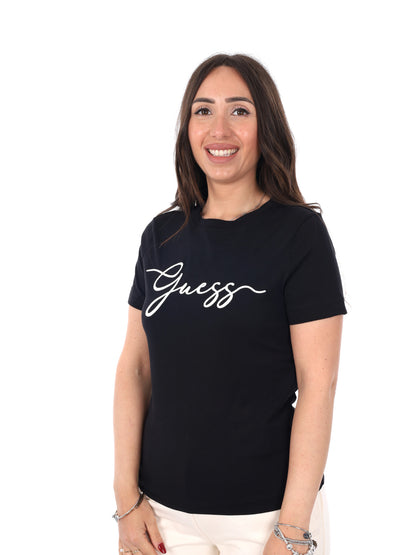 Guess Circe t-shirt slim fit da donna nera con logo frontale