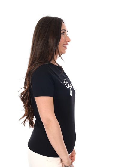Guess Circe t-shirt slim fit da donna nera con logo frontale