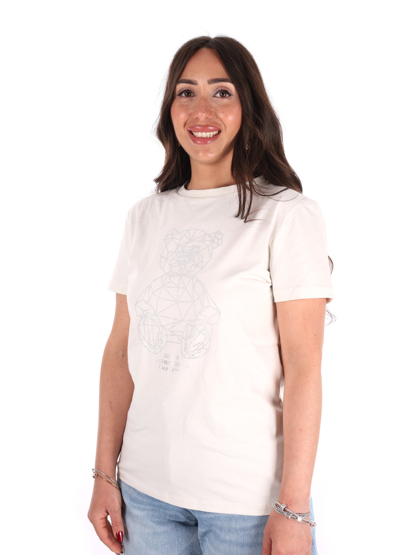Guess Romy, t-shirt donna bianca con dettaglio strass orsetto