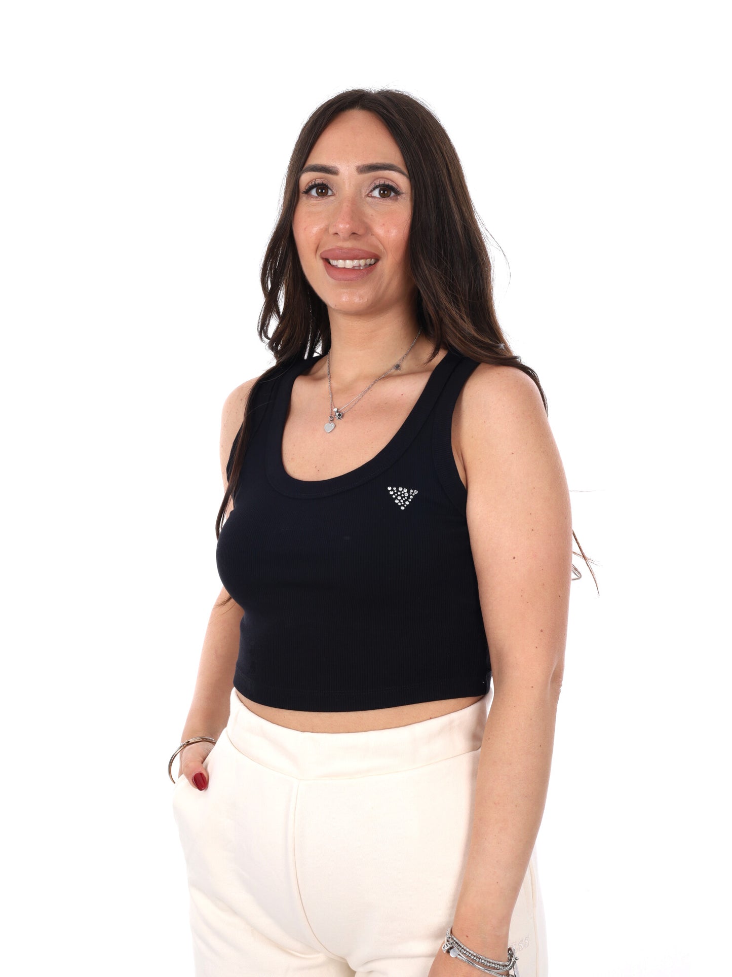 Guess Silvy Rib Tank, canotta donna nera per la primavera-estate