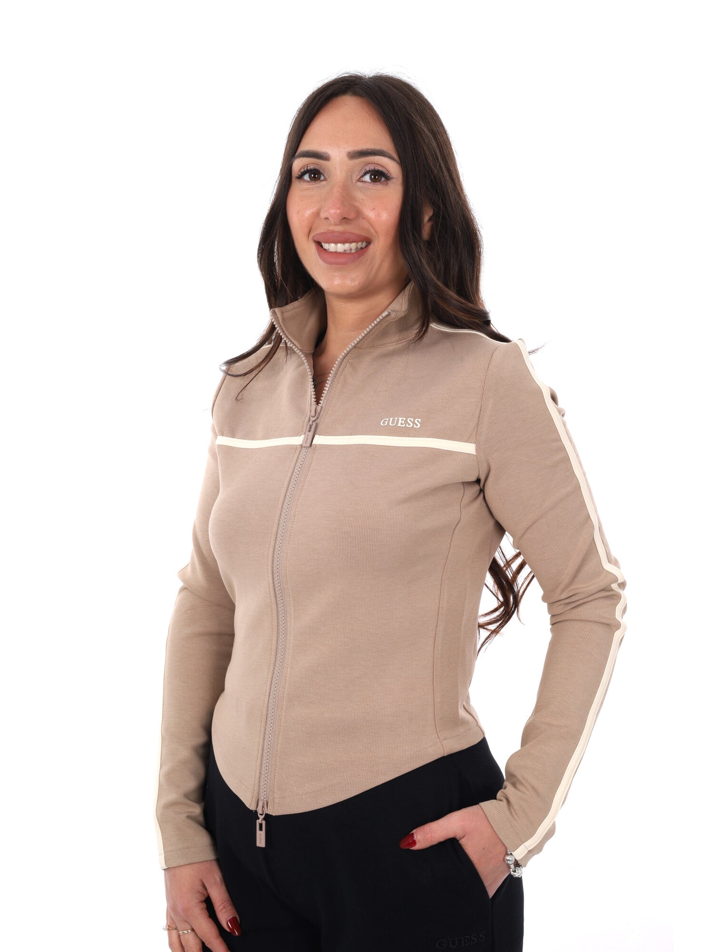 Felpa donna Guess Jasmine con zip integrale beige