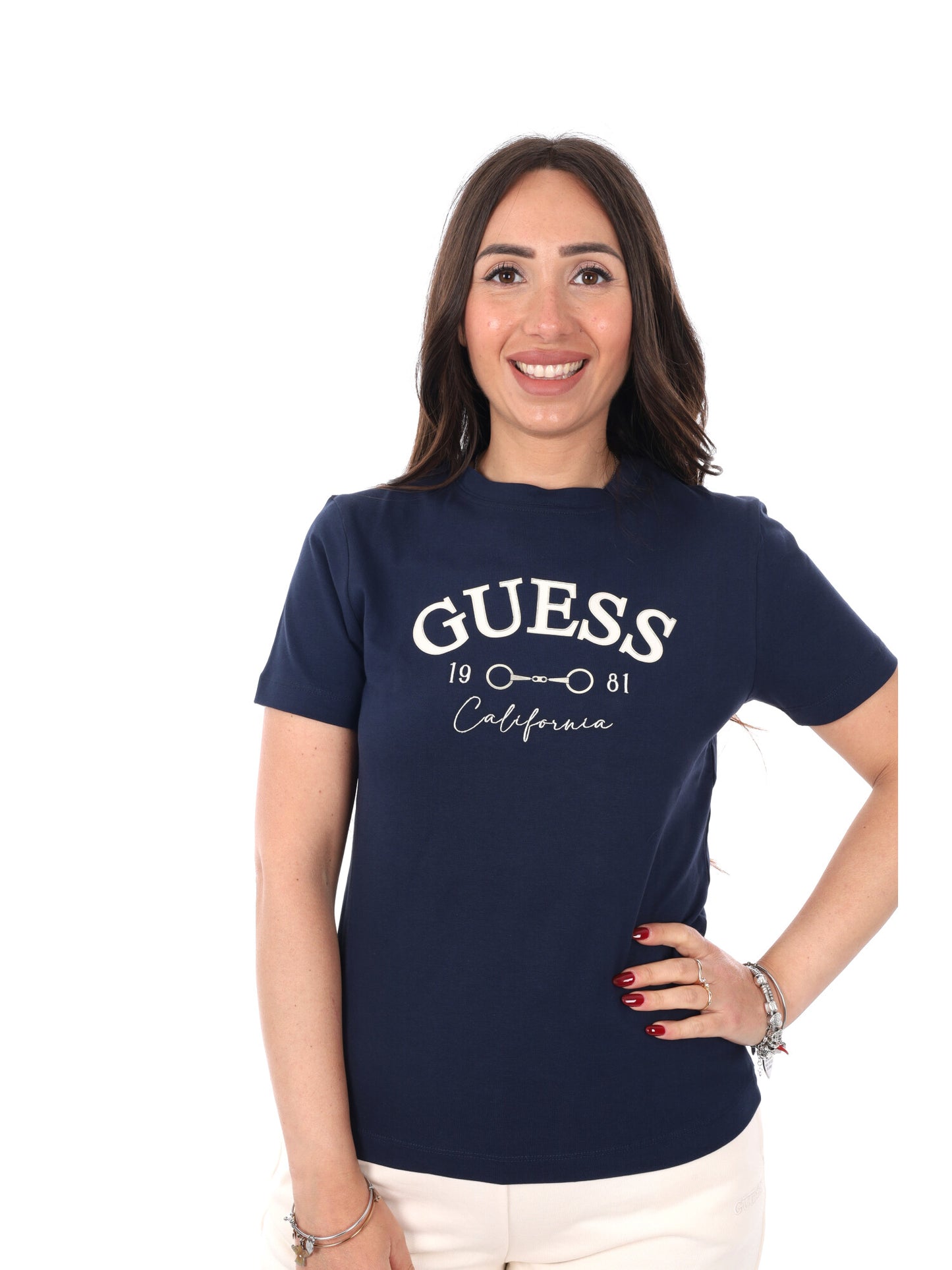 T-shirt donna Guess Beatriz in blu con logo sul petto