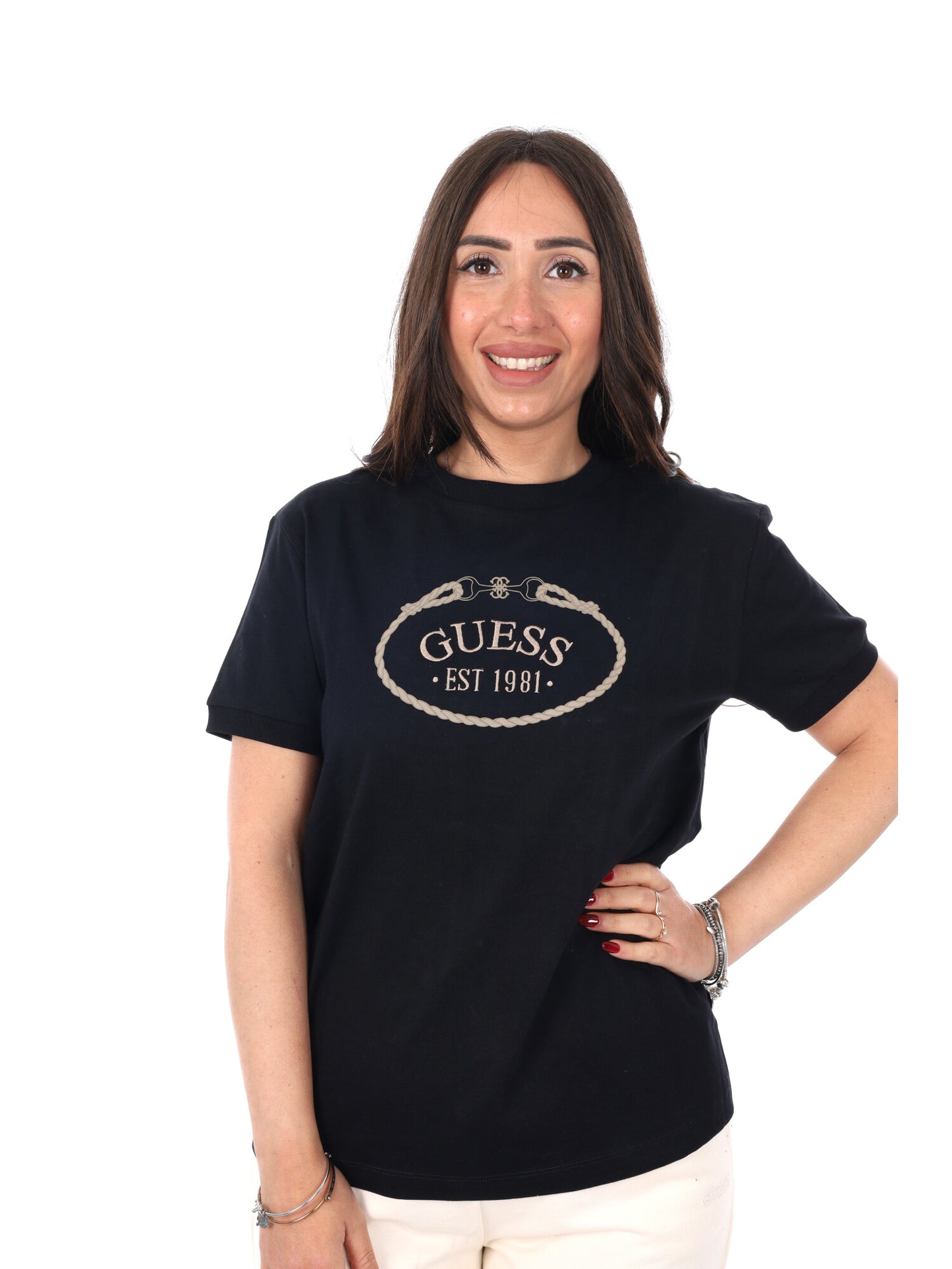 Guess Rosalba, t-shirt nera da donna maniche corte
