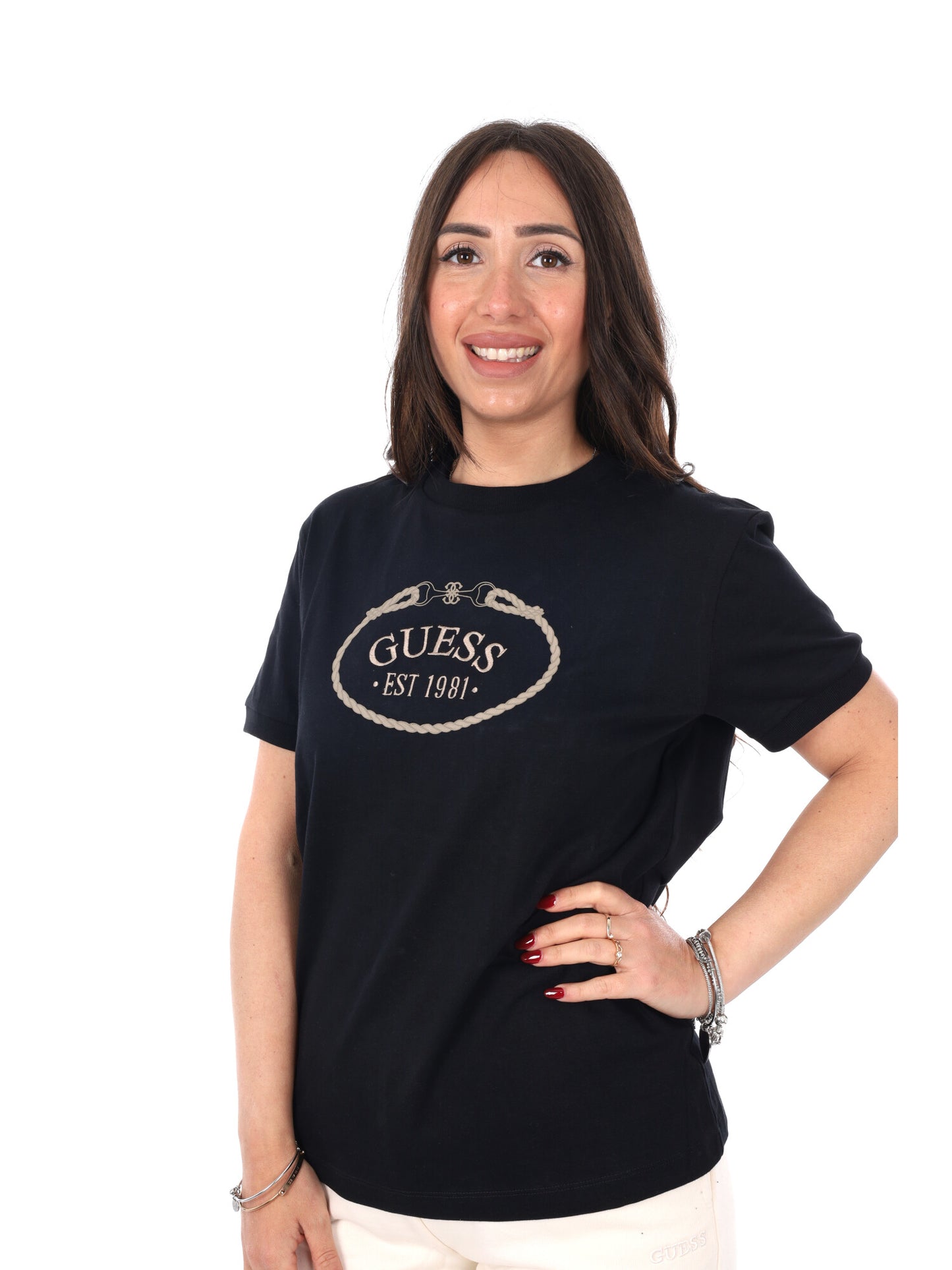 Guess Rosalba, t-shirt nera da donna maniche corte
