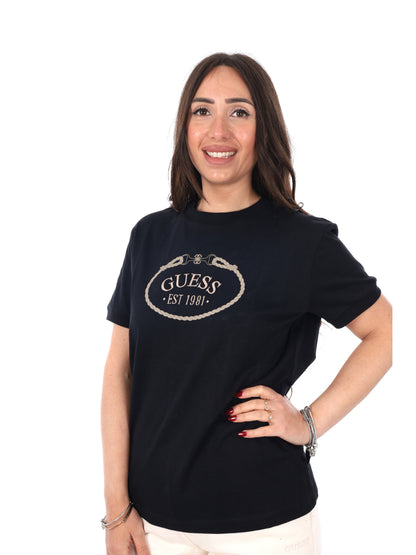 Guess Rosalba, t-shirt nera da donna maniche corte
