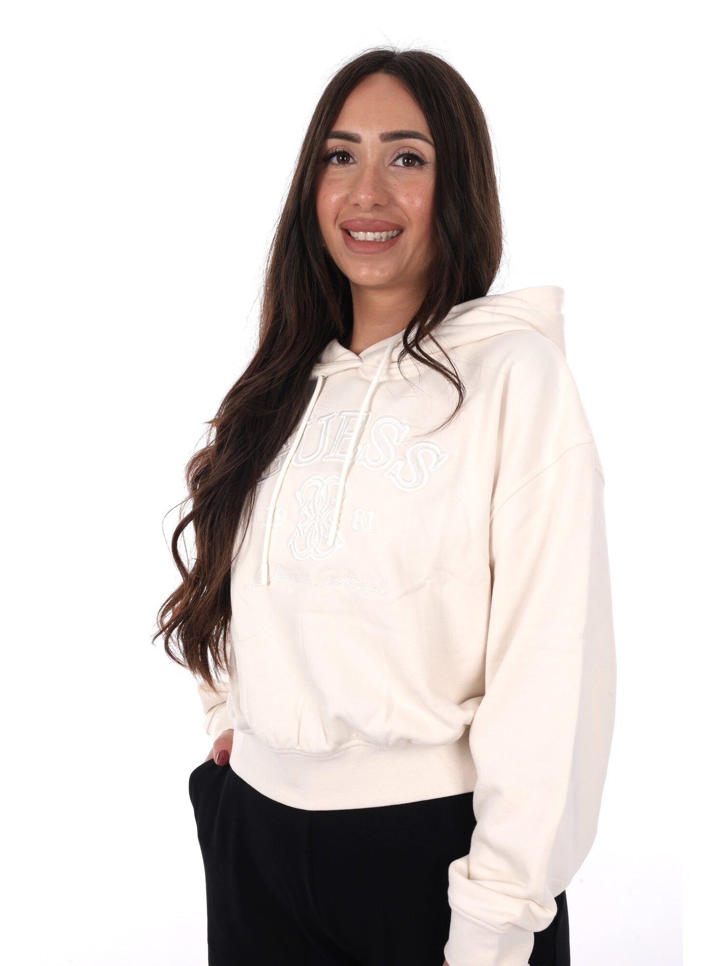Felpa donna Guess Yayoi in colore crema con cappuccio