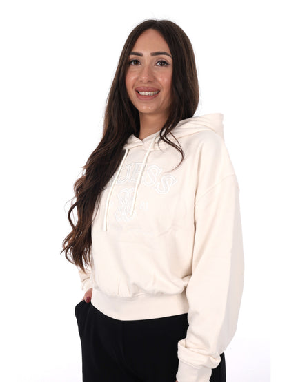 Felpa donna Guess Yayoi in colore crema con cappuccio