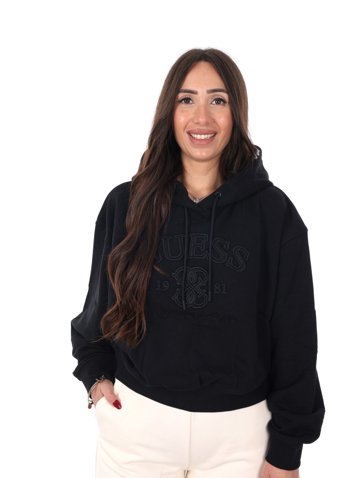 Guess Yayoi Hoodie, felpa nera con cappuccio da donna