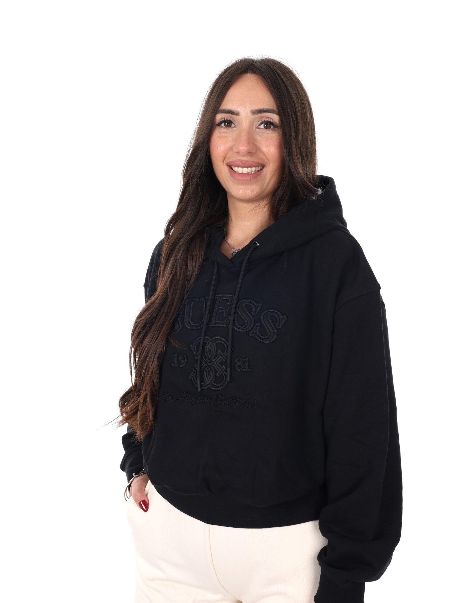 Guess Yayoi Hoodie, felpa nera con cappuccio da donna