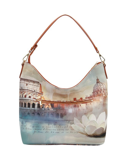 Y Not? Hobo Bag in ecopelle marrone con stampa città da donna