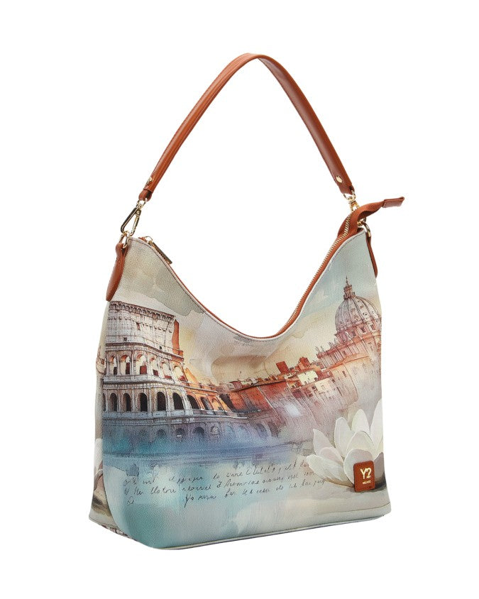 Y Not? Hobo Bag in ecopelle marrone con stampa città da donna