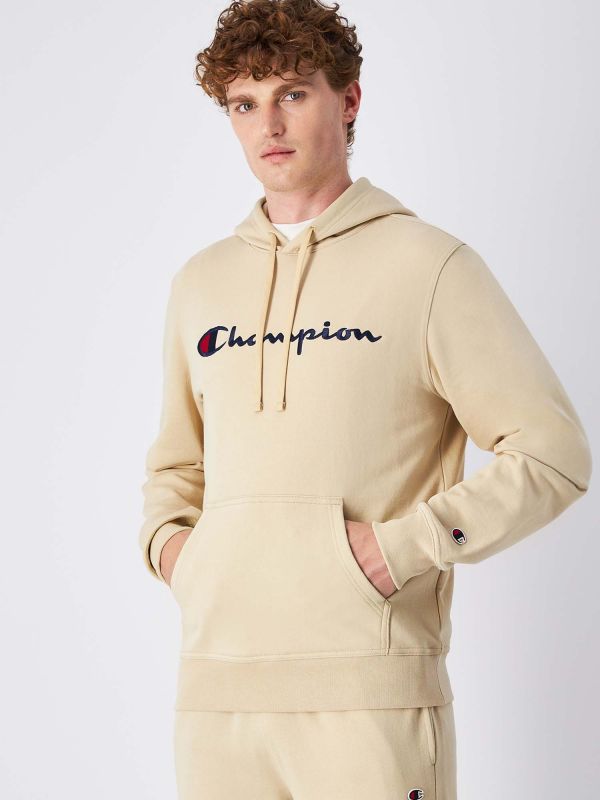 FELPA CON CAPPUCCIO CON LOGO RICAMATO CHAMPION UOMO BEIGE