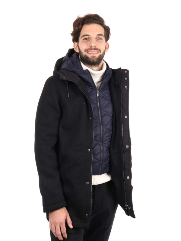 GIACCONE LUNGO IN MAGLIA CON FINTO GILET YES-ZEE UOMO NERO